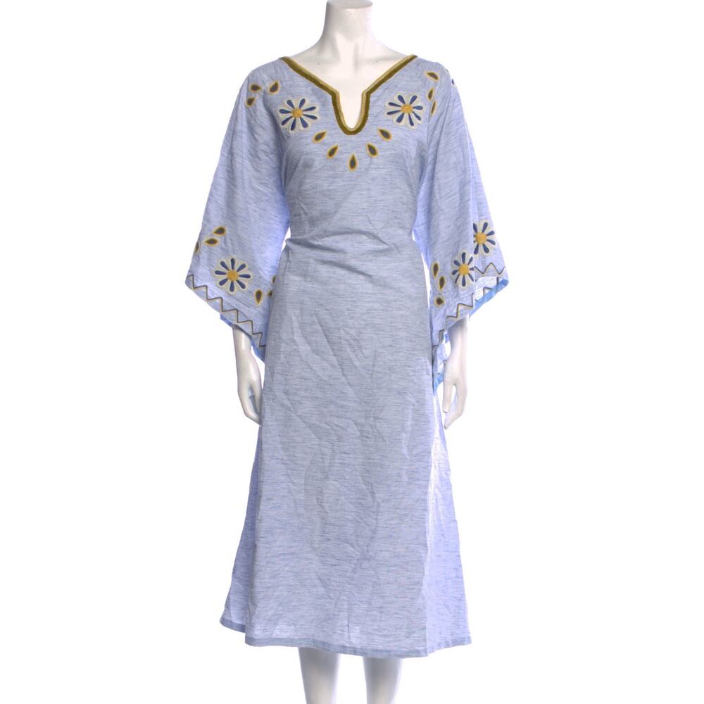 Mi Golondrina Blue Embroidered Midi Dress Bell Sleeve Cotton M